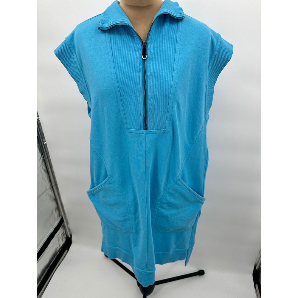 Entro Women's Blue Sleeveless Zip Up Collar Pockets‎ Casual Dress